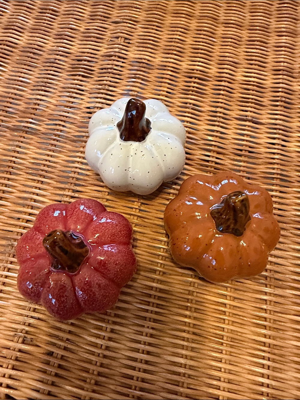 Glossy Ceramic Pumpkin Trio - White, Orange, Red